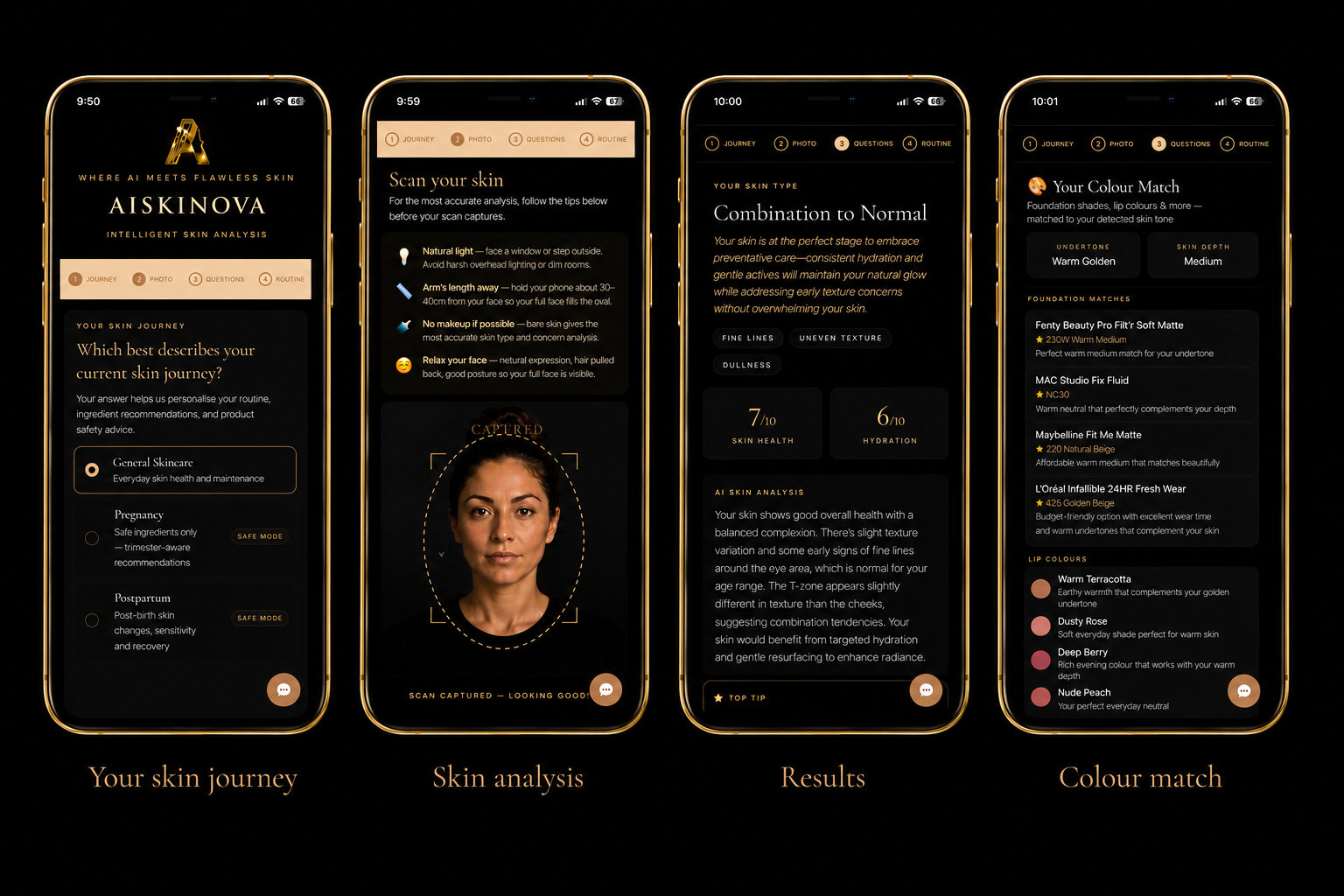AISKINOVA free skin analysis app screens
