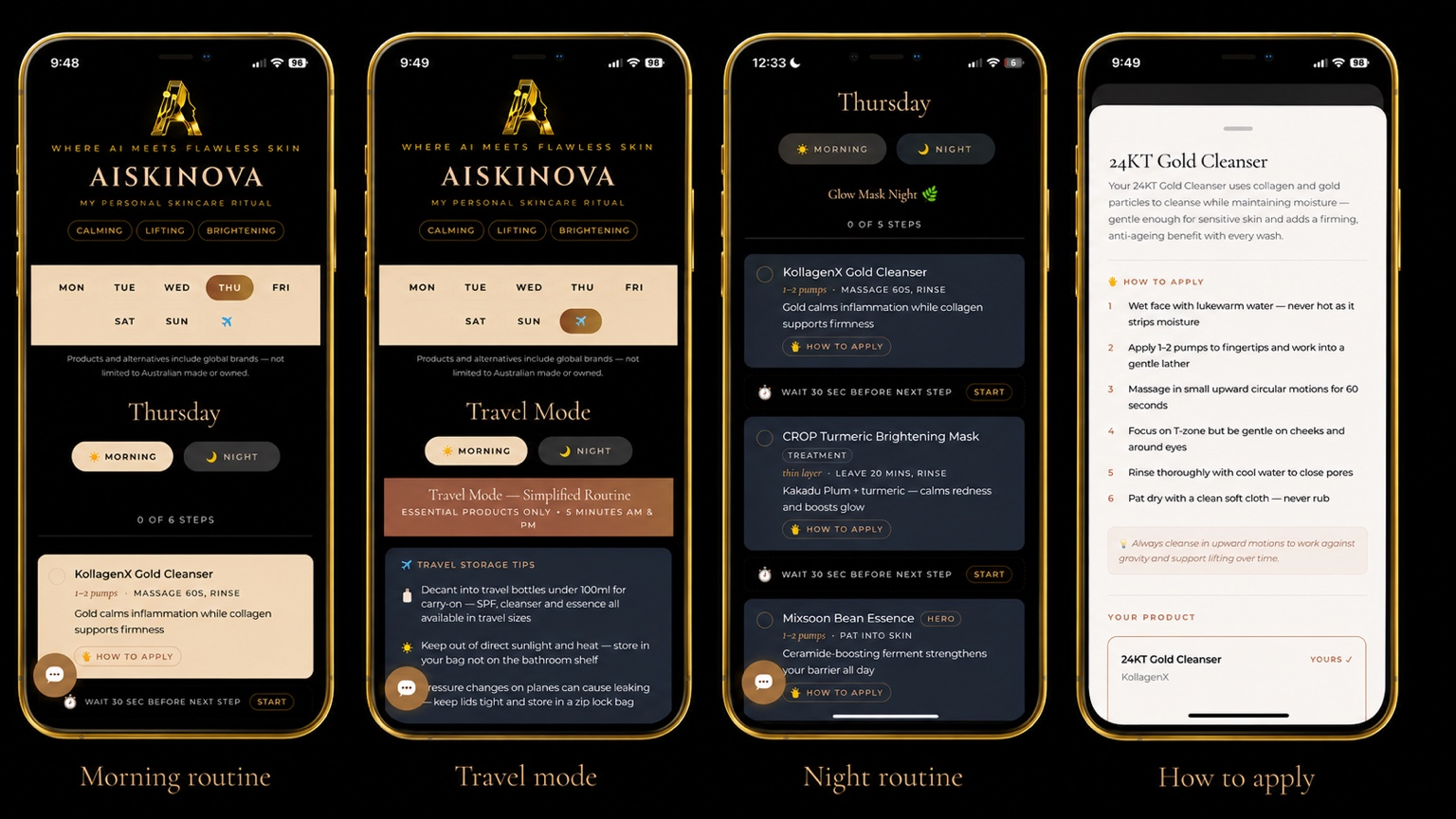 AISKINOVA personal routine app screens